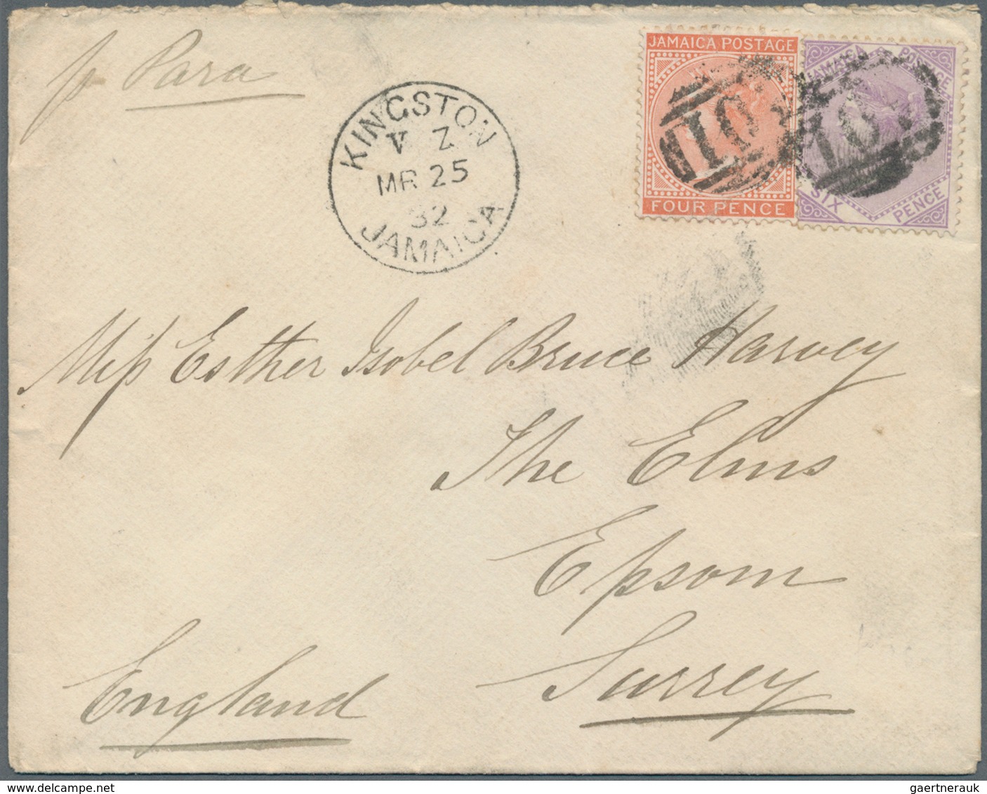 Jamaica: 1892. Envelope Addressed To Epsom Bearing Jamaica SG 12, 6d Mauve And SG 22, 4d Orange Tied - Jamaica (1962-...)