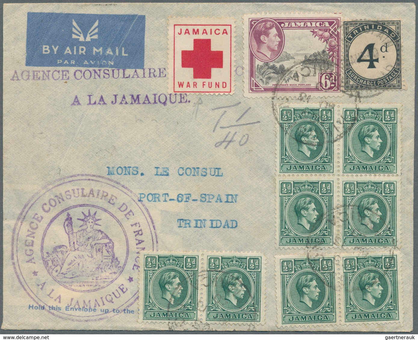 Jamaica: 1940. Air Mail Envelope Written From The French Consulate In Jamaica With 'Agence Consulair - Jamaica (1962-...)
