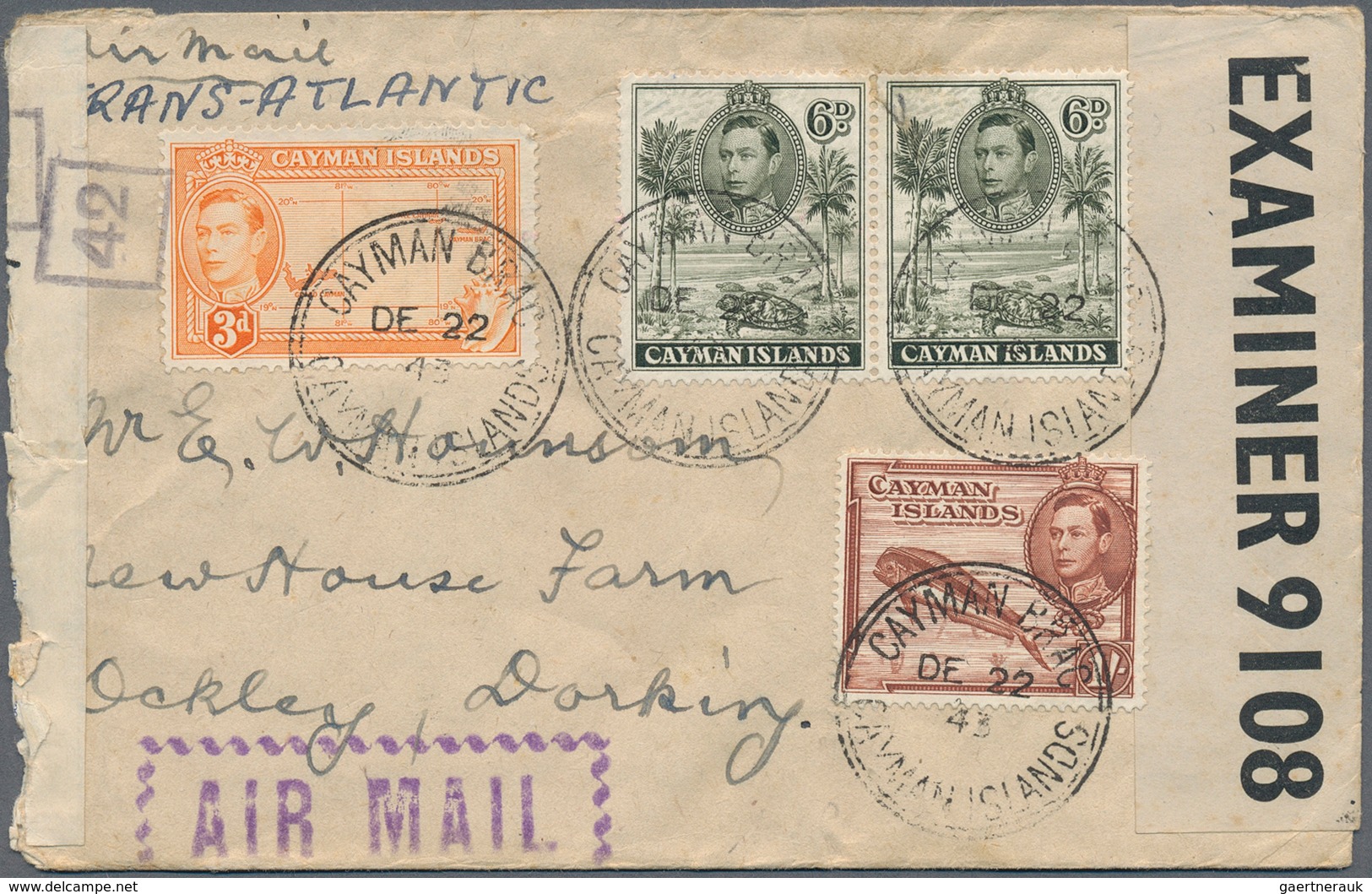 Kaiman-Inseln / Cayman Islands: 1943. Air Mail Envelope Addressed To England Bearing SG 116, ½d Gree - Cayman Islands