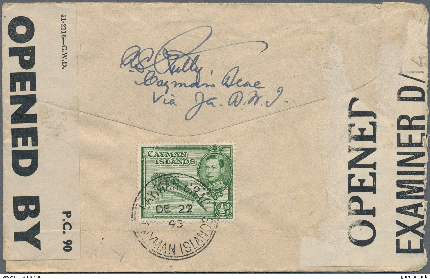 Kaiman-Inseln / Cayman Islands: 1943. Air Mail Envelope Addressed To England Bearing SG 116, ½d Gree - Cayman Islands