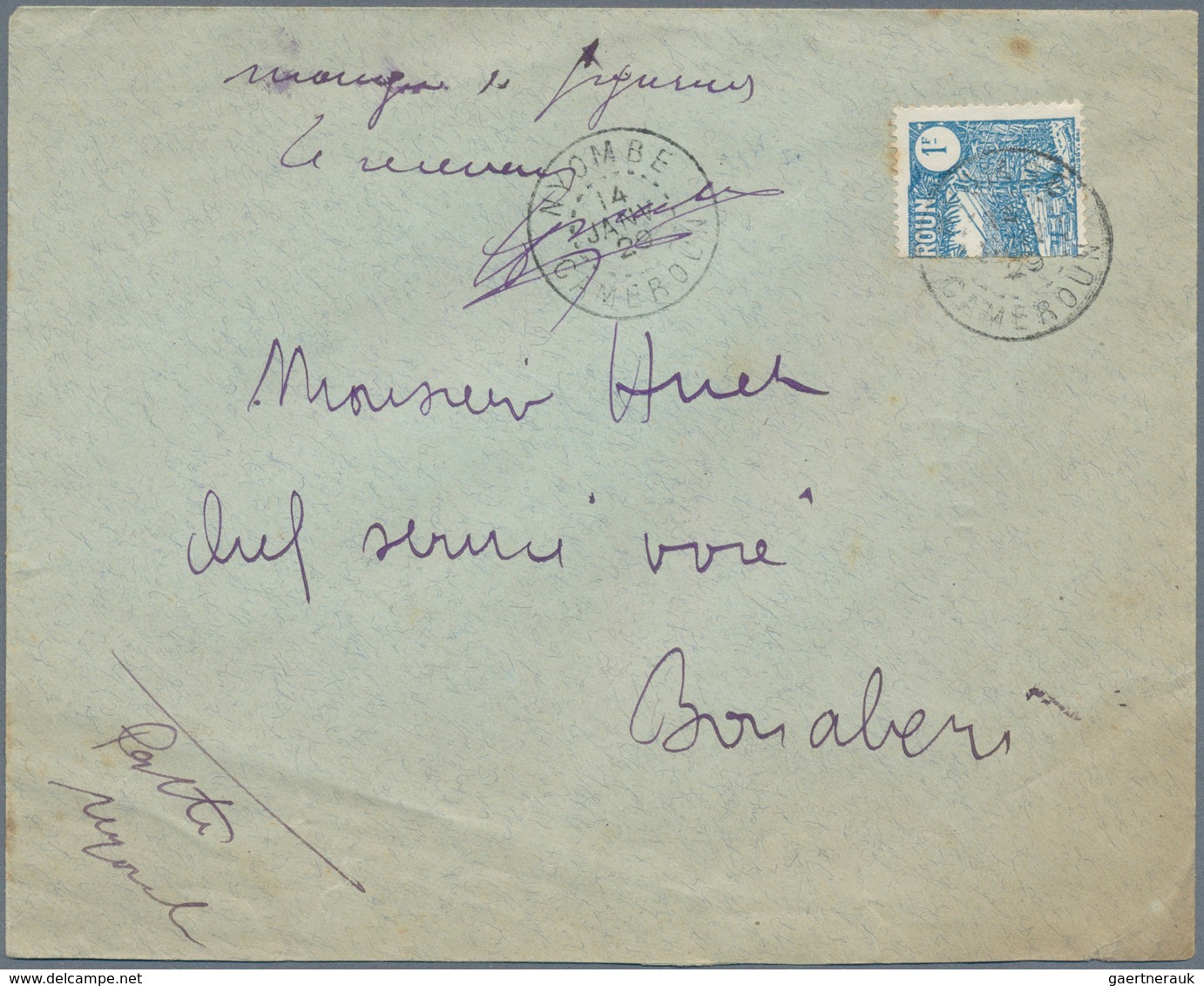 Kamerun: 1929 BISECTED 1 FRANC Cancelled By "NYOMBÉ 14. JANV. 29" Cds On Cover To Bonaberi. Manuscri - Cameroon (1960-...)
