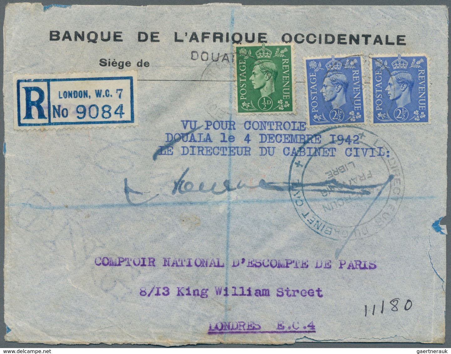 Kamerun: 1942. Registerelf Air Mail Envelope (creased) Headed 'Banque De L'Afrique Occidentale / Sie - Kameroen (1960-...)