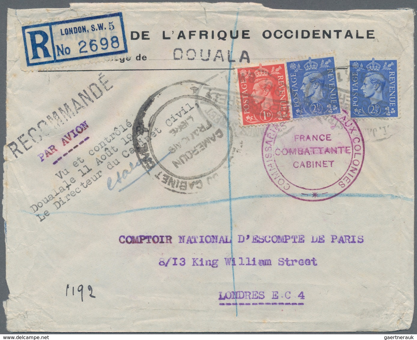 Kamerun: 1943. Registered Air Mail Envelope (opening Faultsheaded 'Banque De L'Afrique Occidentale / - Kameroen (1960-...)