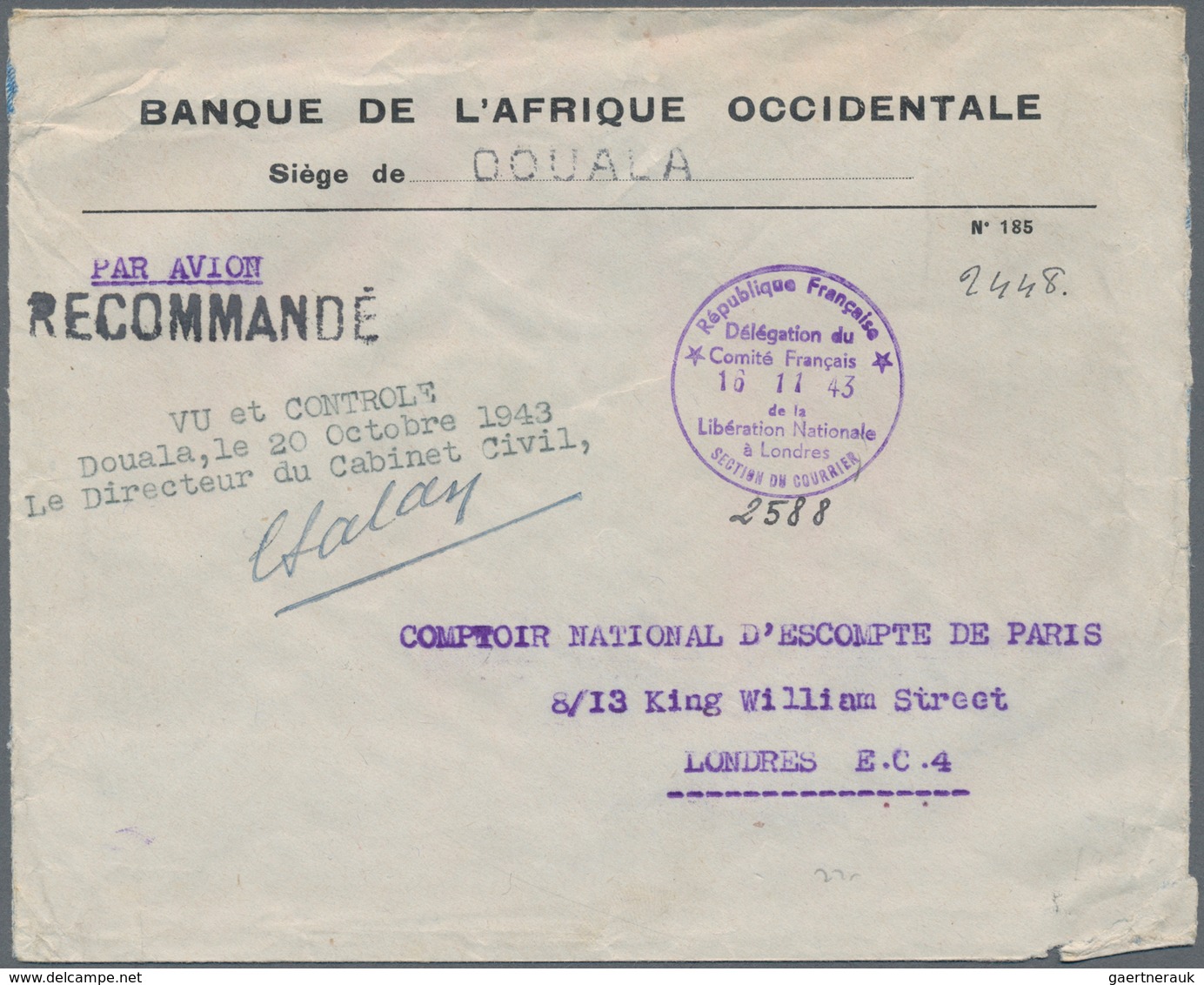 Kamerun: 1943. Registered Stampless Air Mail Envelope Addressed 'Banque De L’Afrique Occidentale / S - Kameroen (1960-...)