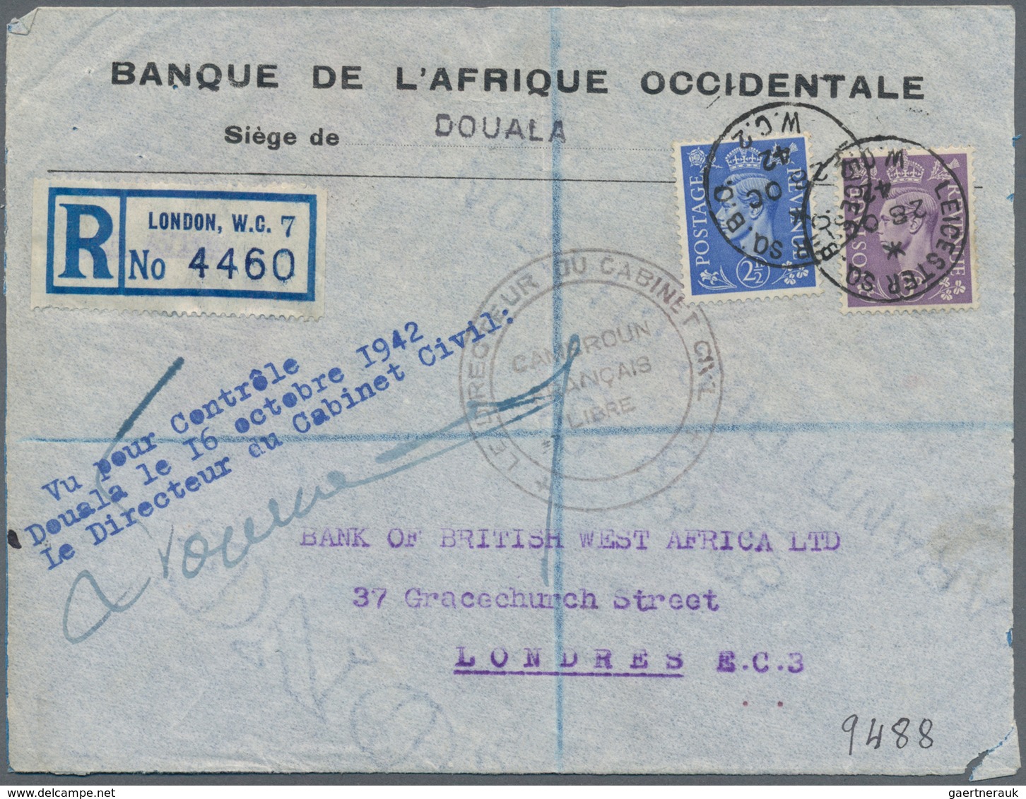Kamerun: 1942. Registered Air Mail Envelope Headed 'Banque De L’Afrique Occidentale / Siège De Doual - Kameroen (1960-...)