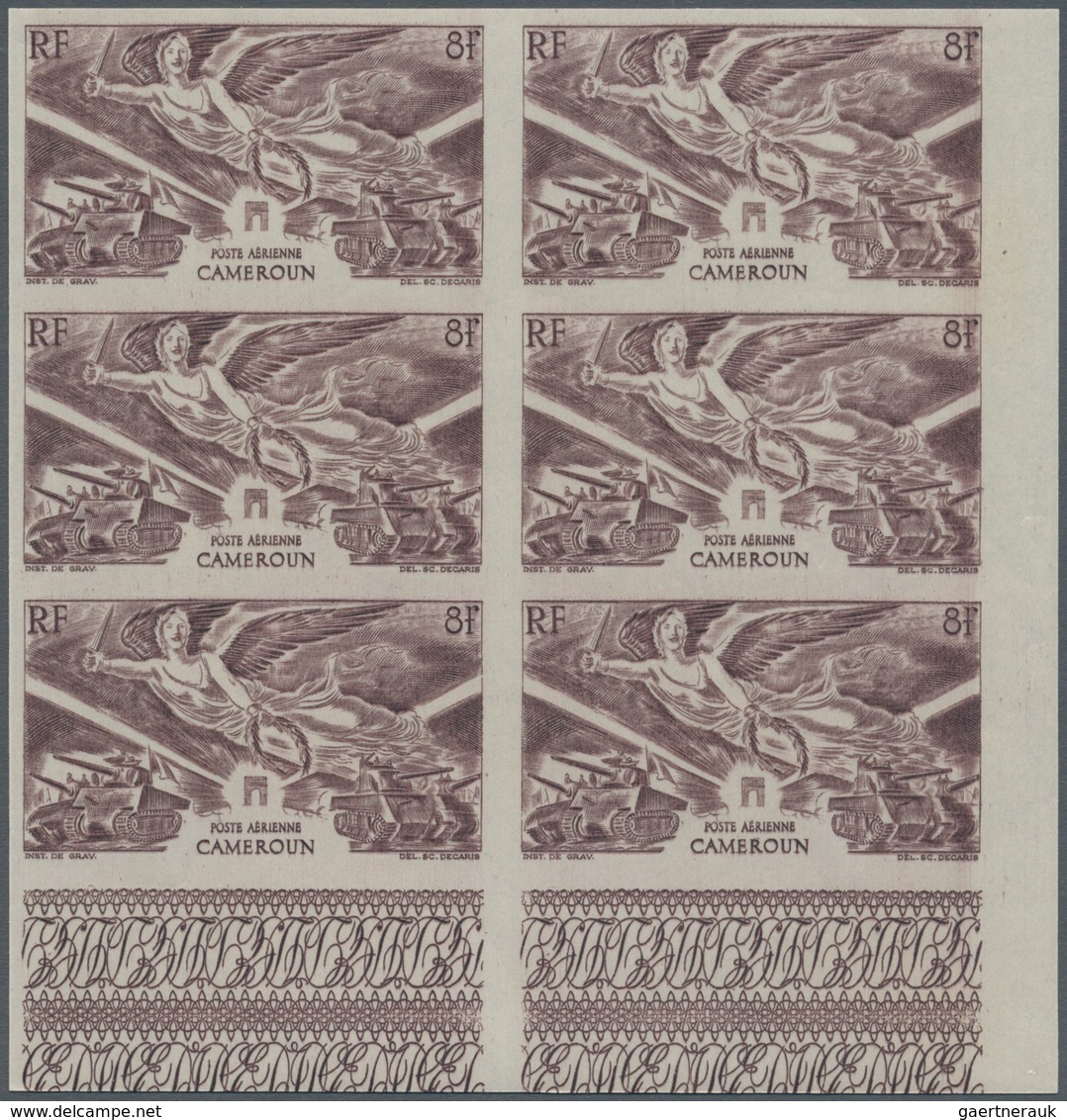 Kamerun: 1946, One Year End Of World War II 8fr. Brownish-lilac IMPERFORATE Block Of Six From Lower - Kameroen (1960-...)