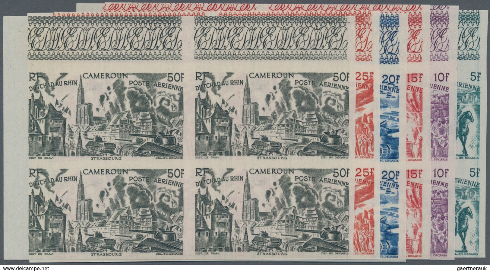 Kamerun: 1946, From Tchad To Rhine Complete Set Of Six In IMPERFORATE Blocks Of Four From Upper Left - Kameroen (1960-...)