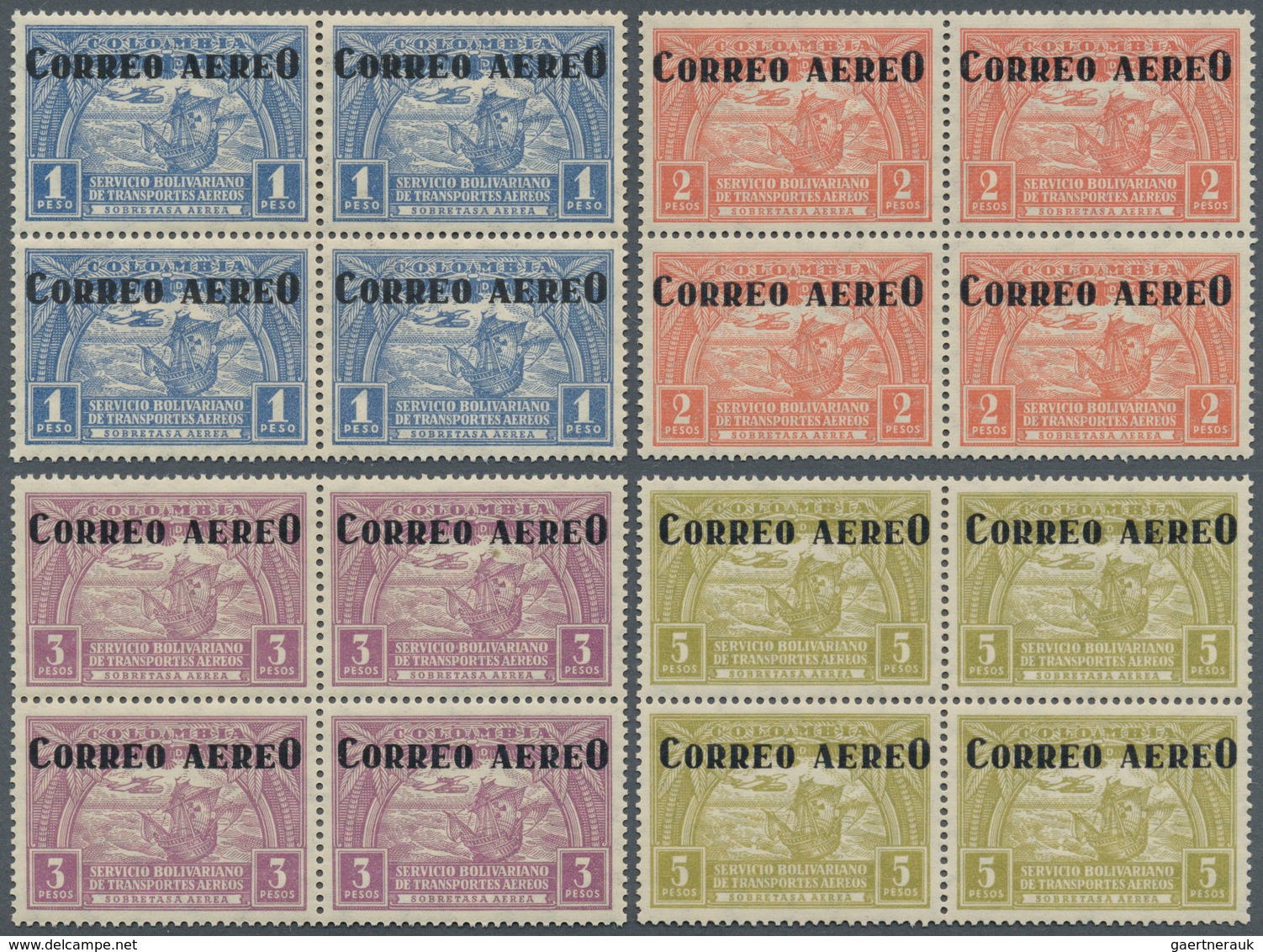Kolumbien: 1932, SCADTA Airmail Issue With Overprints 'CORREO AEREO' Complete Set In Blocks/4 Incl. - Colombia