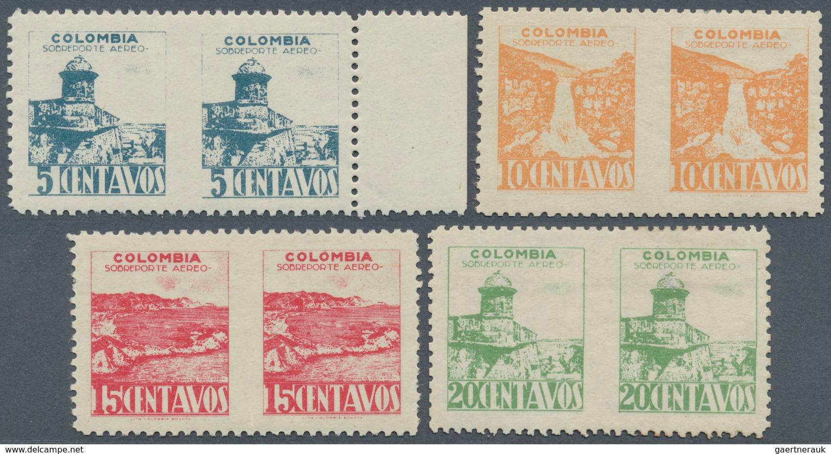 Kolumbien: 1943, Country Scenes Aimail Issue Seven Different Values In Horizontal Pairs IMPERFORATE - Colombia