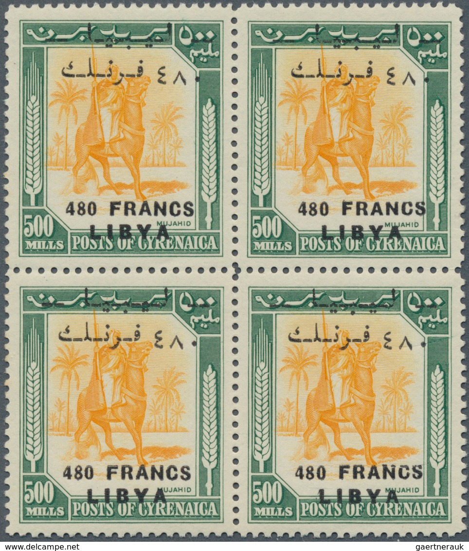 Libyen: 1951, Mounted Warrior 500m. Green/yellow With Opt. ‚480 FRANCS / LIBYA‘ Block Of Four, Mint - Libië