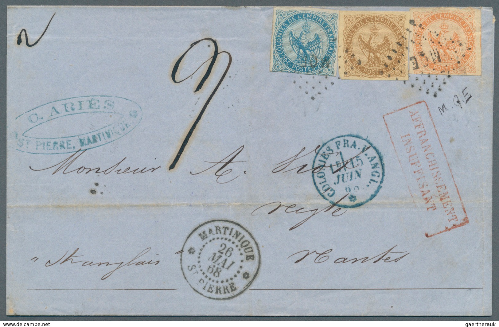 Martinique: 1868. Envelope Addressed To France Bearing French General Colonies Yvert 3, 10c Bistre, - Andere & Zonder Classificatie