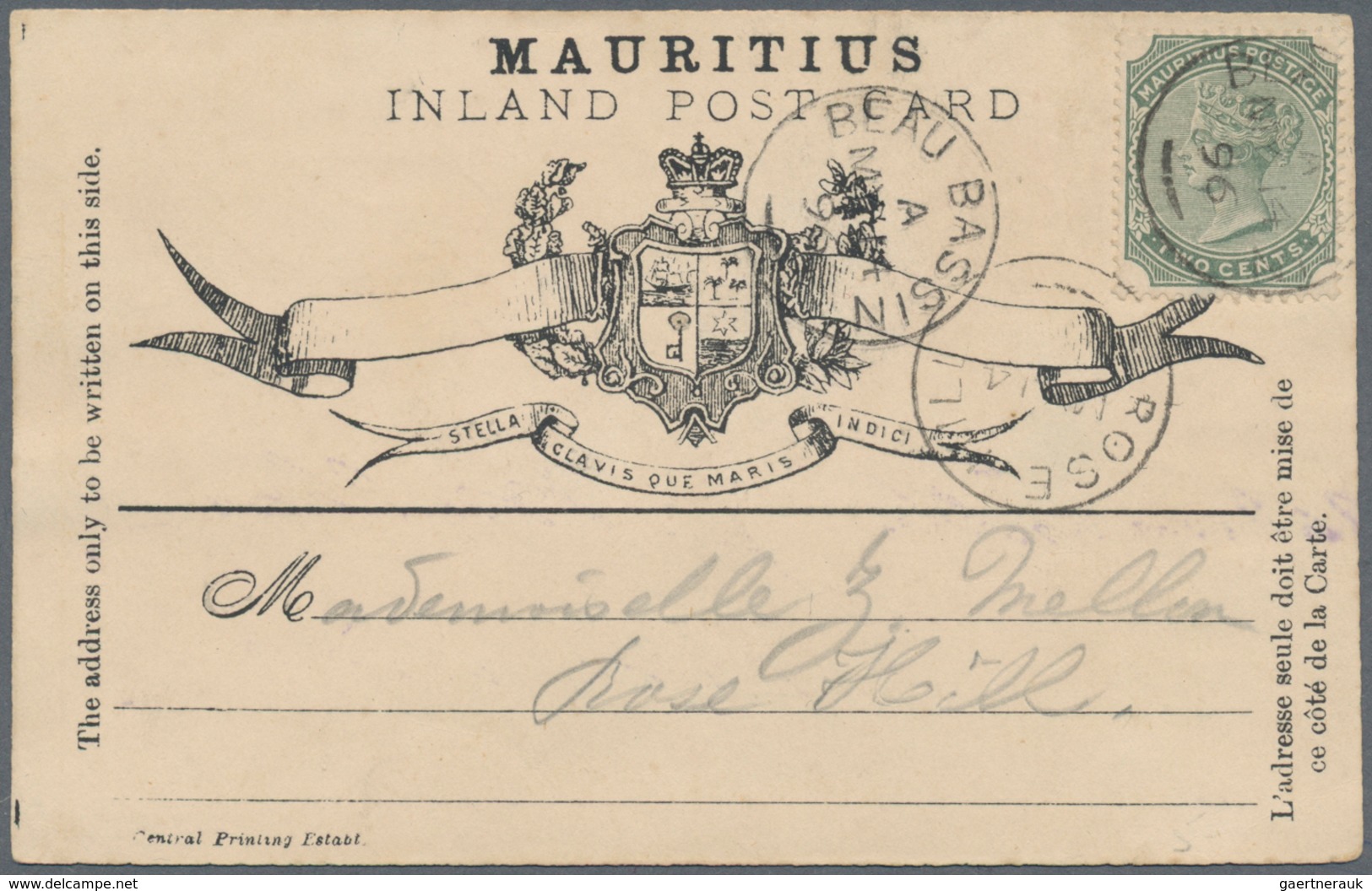 Mauritius: 1896/1897. Mauritius Inland Postcard With Queen Victoria 2c Green Cancelled Beau Bassin A - Mauritius (...-1967)