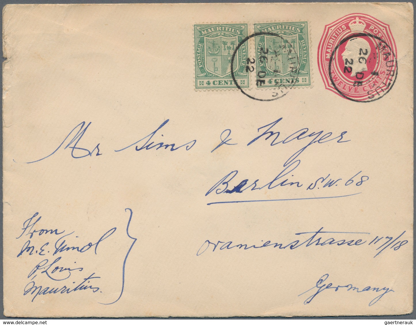 Mauritius: 1922. King George V 12c Carmine Envelope With Two 4c Added Cancelled Mauritius 26 DE 22 A - Mauritius (...-1967)