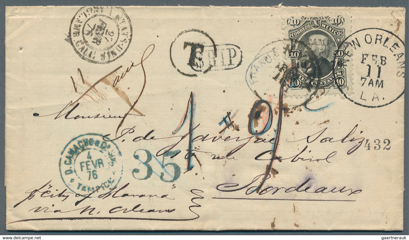 Mexiko: 1876. Envelope Addressed To France Bearing Hidalgo Yvert 56, 10c Black Surcharge 'Tampico' W - Mexico