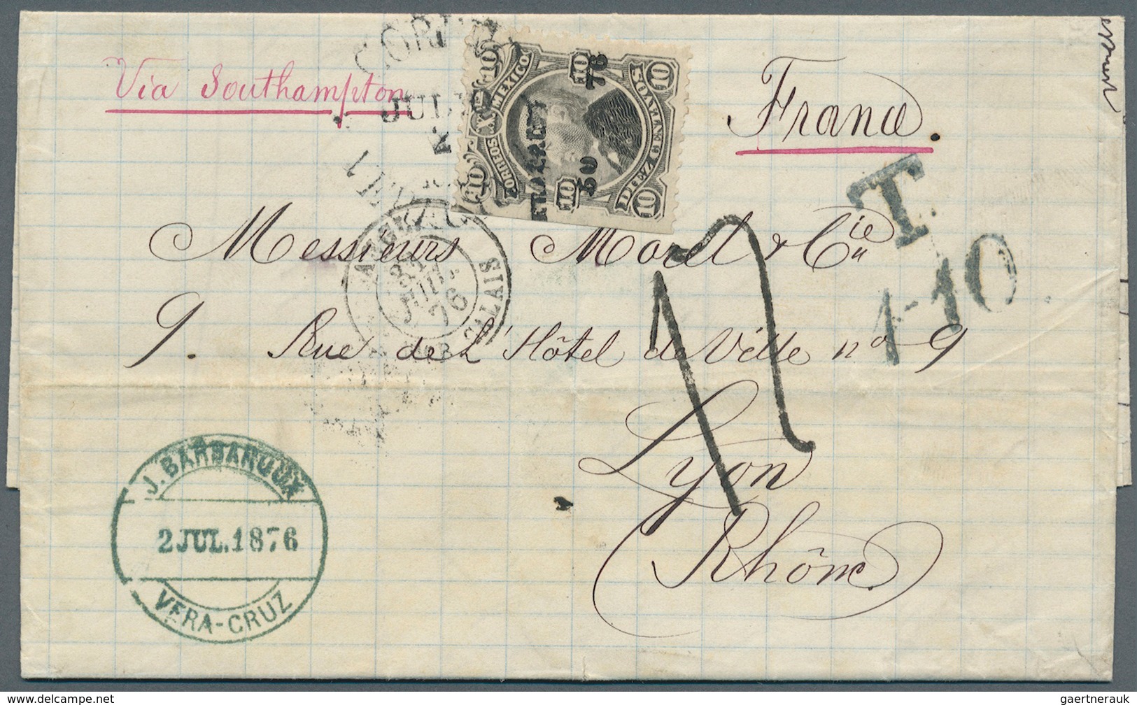 Mexiko: 1876. Envelope Addressed To France Bearing 'Hidalgo' Yvert 56, 10c Black Tied By 'Corres/Ver - Mexico