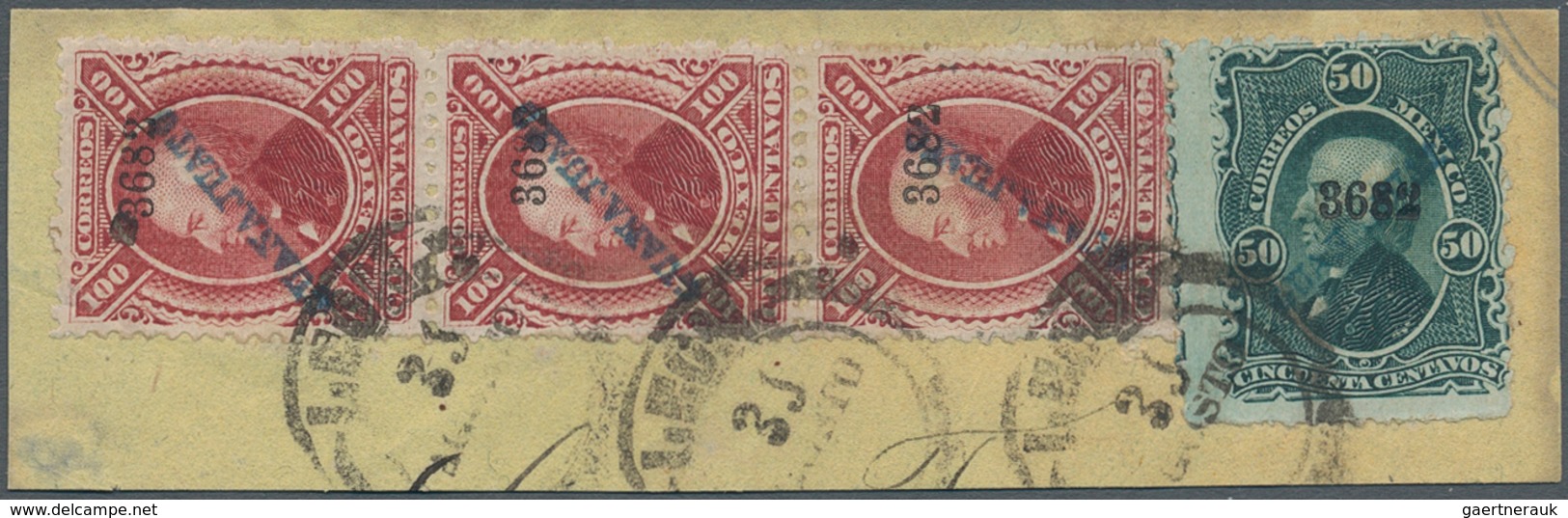 Mexiko: 1882, High Franking Bearing 100 C Vertical Strip Of Three And 50 C Single Both Imprinted "36 - Mexico