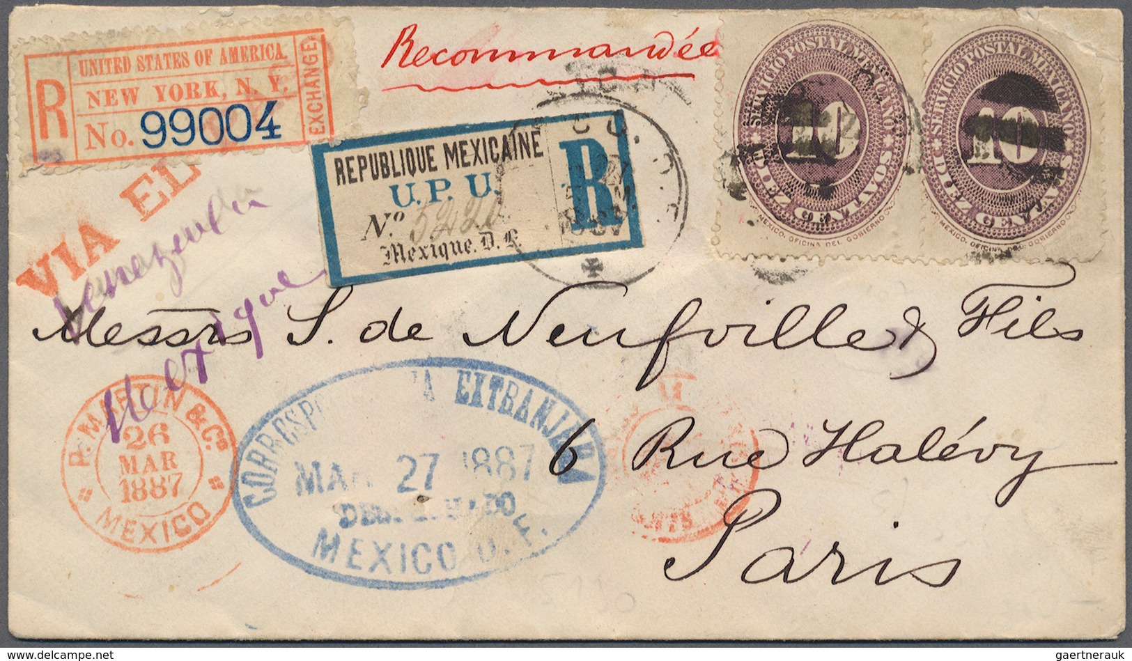 Mexiko: 1887. Registered Envelope Addressed To Paris Bearing Yvert 107, 10c Purple (2) Tied By Bar O - Mexico