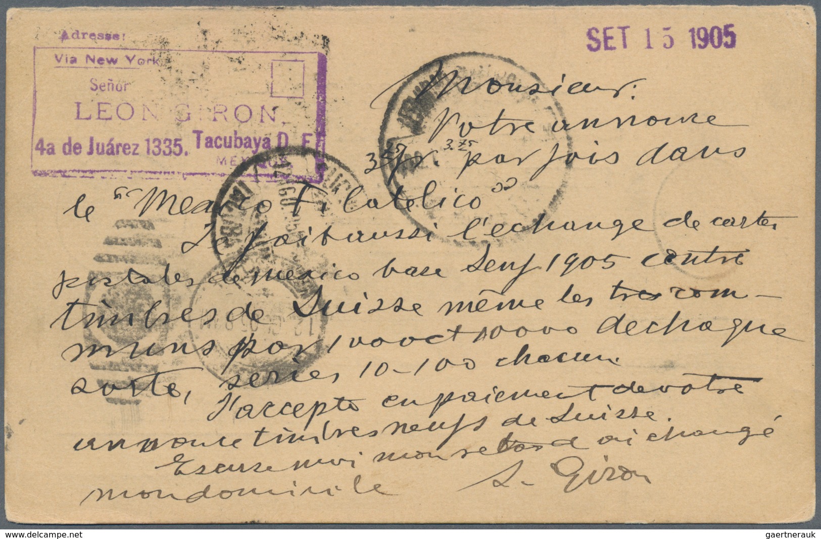 Mexiko: 1905, 2 C. Stamp On 10 Rp. Swiss Reply Postcard With Duplex "SUCURSAL MEXICO D.F. 15-9-05" B - Mexico