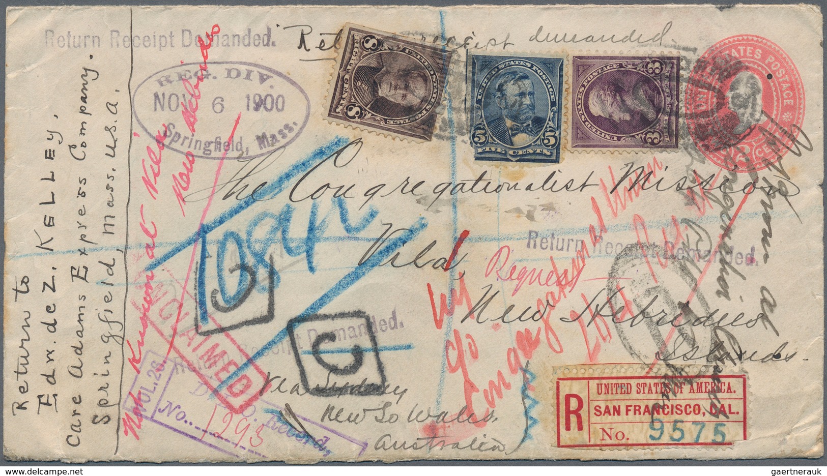 Neue Hebriden: 1900. Registered United States Postal Stationery Envelope 2c Rose, Stains, Roughly Op - Altri & Non Classificati