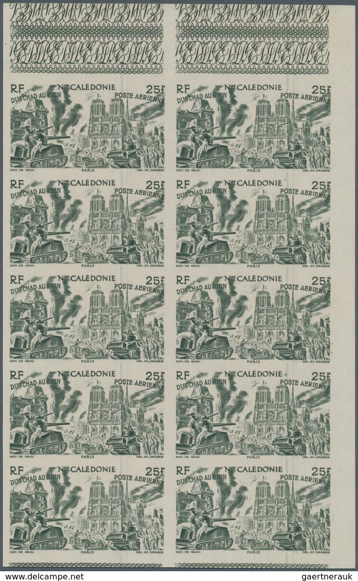 Neukaledonien: 1946, From Tchad To Rhine Complete Set Of Six In IMPERFORATE Blocks Of Ten, Mint Neve - Cartas & Documentos