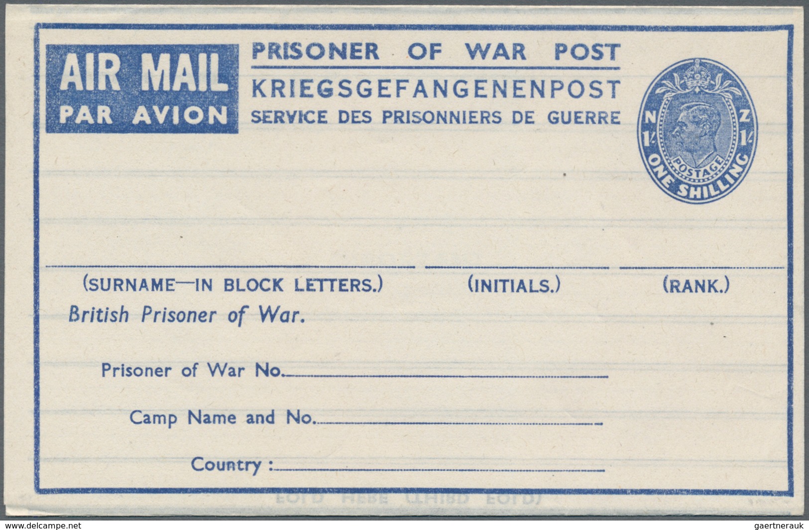 Neuseeland - Kriegsgefangenenpost: 1944, Prisoner Of War Post Aerogramme KGVI 1s In PALE BLUE With T - Otros & Sin Clasificación