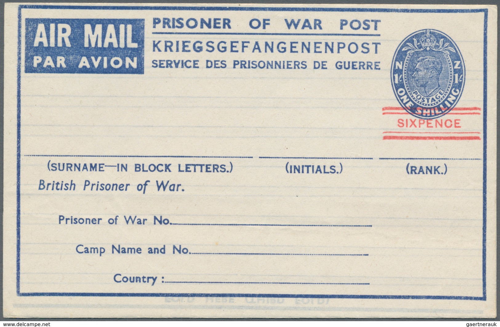Neuseeland - Kriegsgefangenenpost: 1944, Prisoner Of War Post Aerogramme KGVI 1s Pale Blue (type 5) - Andere & Zonder Classificatie