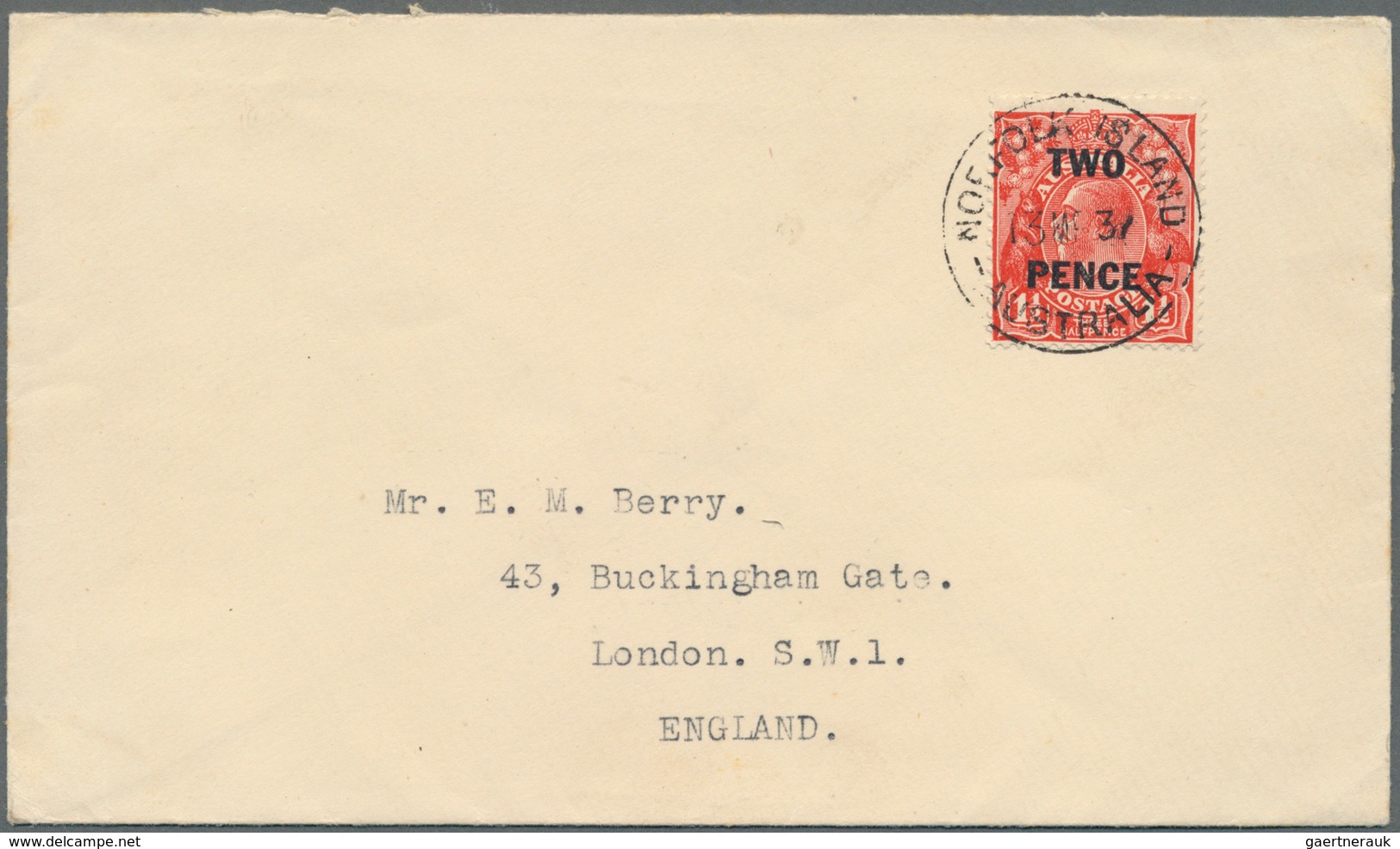Norfolk-Insel: 1930, Australian 2 D On 1 1/2 D On Envelope Adressed To London Tied By "NORFOLK ISLAN - Norfolk Island
