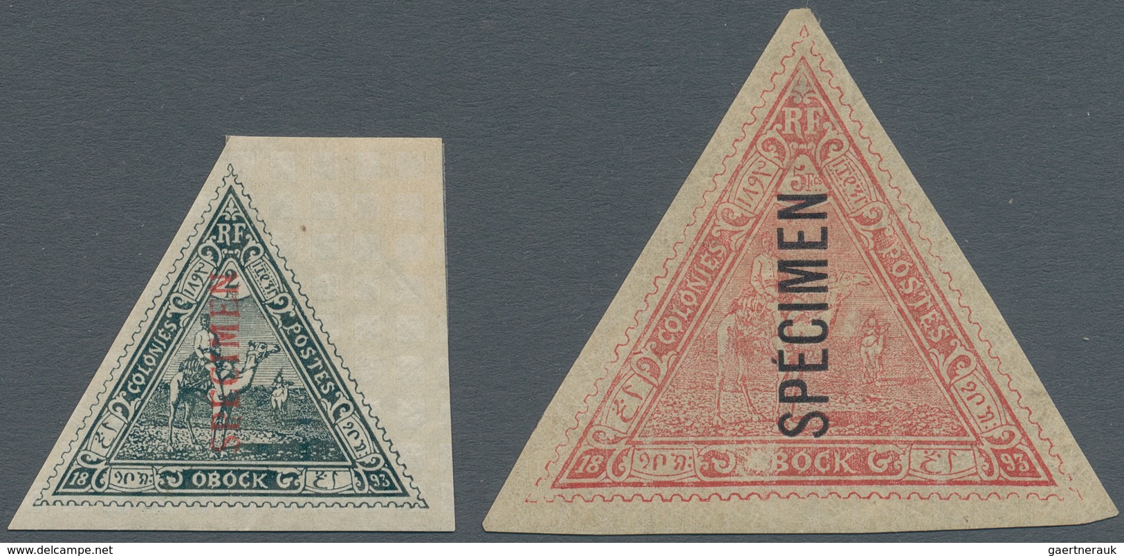 Obock: 1893, Postage Stamps: Camel Mail, Two Cut Values With Overprint SPECIMEN, Unused, Signed Brun - Andere & Zonder Classificatie