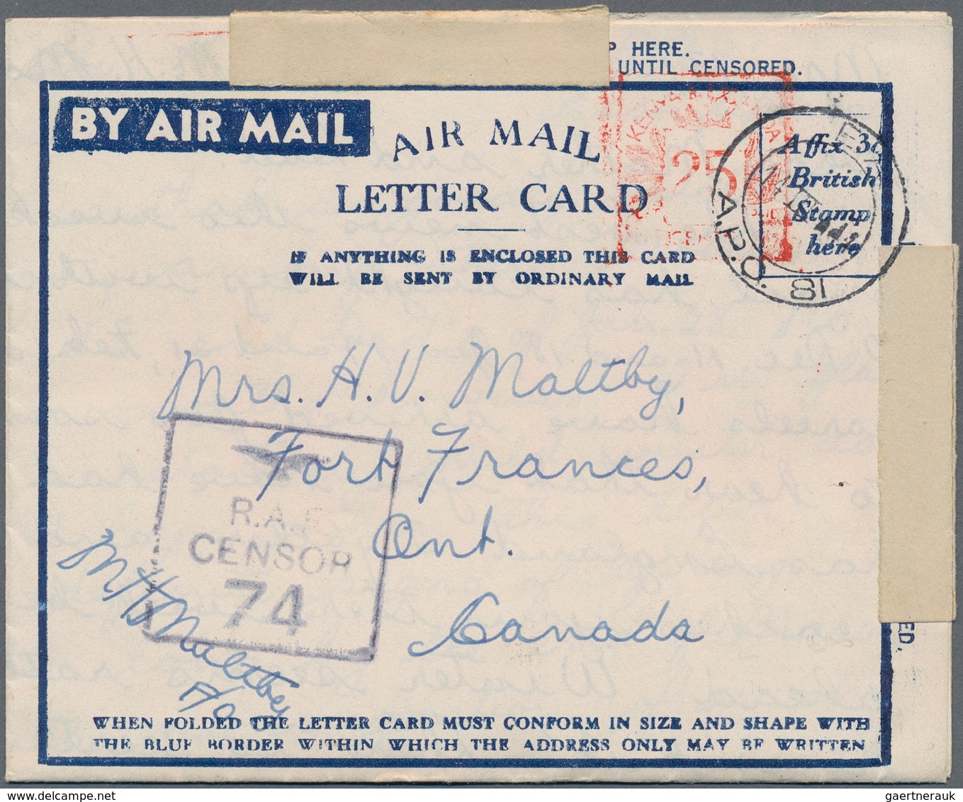 Ostafrikanische Gemeinschaft: 1943/44, Air Mail Letter Cards With Red Value Tablet "25 CENTS / N 4", - Britisch-Ostafrika