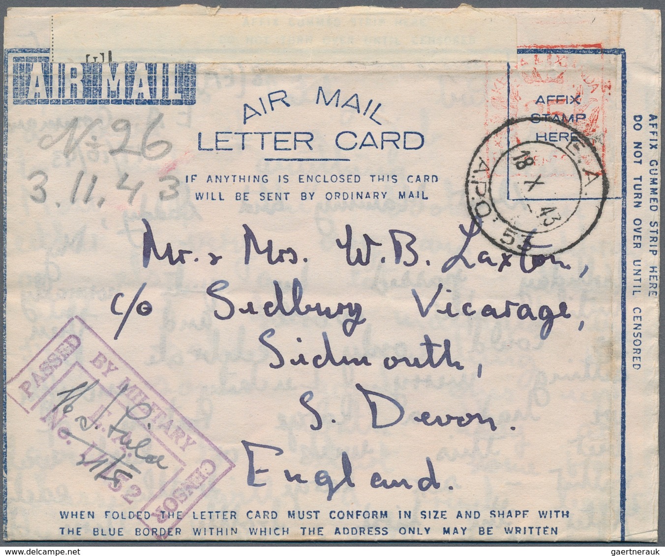 Ostafrikanische Gemeinschaft: 1943/44, Air Mail Letter cards with red value tablet "25 CENTS / N 4",
