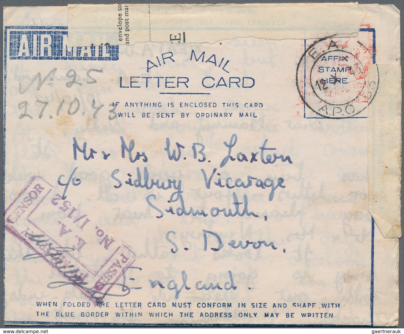 Ostafrikanische Gemeinschaft: 1943/44, Air Mail Letter cards with red value tablet "25 CENTS / N 4",