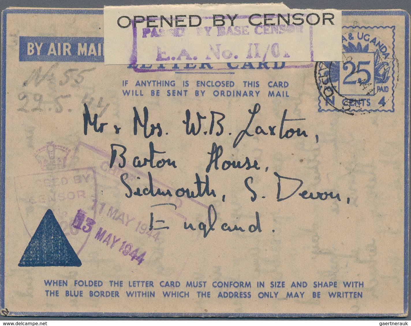 Ostafrikanische Gemeinschaft: 1944, Air Mail Letter Cards With Blue Value Tablet "25 CENTS / N 4", A - Brits Oost-Afrika