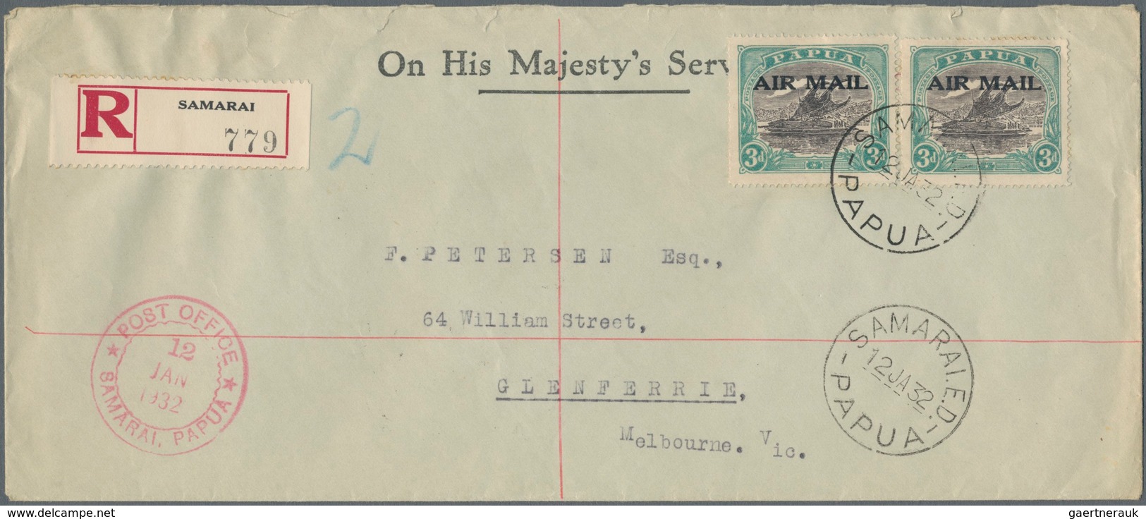 Papua: 1932, Letter "On His Majesty's Service" Registered With Two 3d Airmail Stamps From SAMARAI E. - Papoea-Nieuw-Guinea