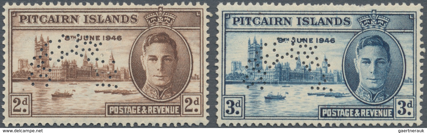 Pitcairn: 1946, Victory Issue Complete Set Of Two Perf. SPECIMEN, Mint Never Hinged But Perf. Proble - Pitcairneilanden