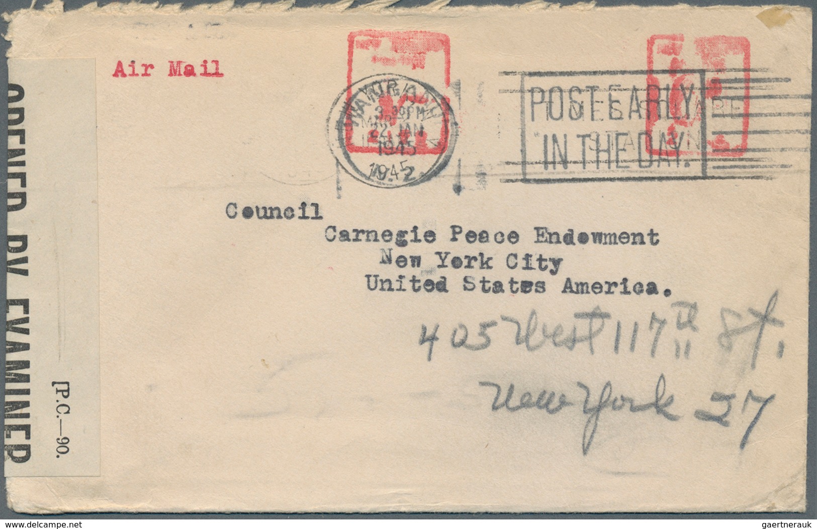 Samoa: 1944. Air Mail Envelope Addressed To New York Cancelled By New Zealand Meter Routed Via Weste - Samoa