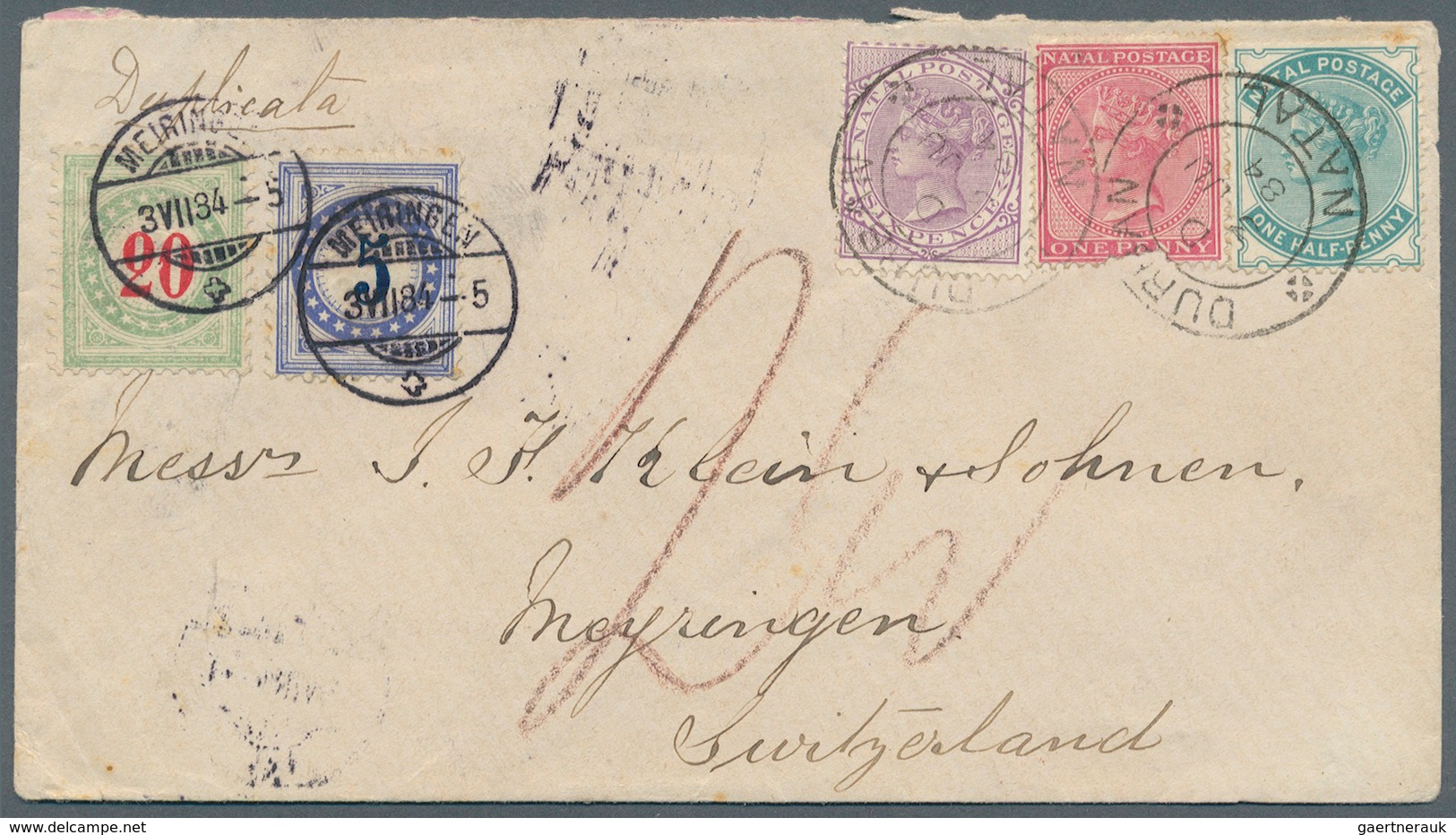 Natal: 1884. Envelope Addressed To Switzerland Bearing Natal SG 97, ½d Green, SG 99, 1d Rose (little - Natal (1857-1909)