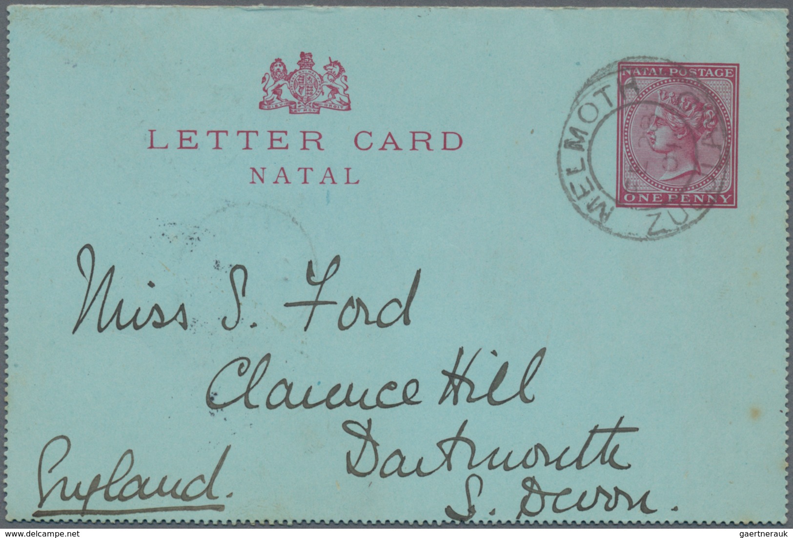 Natal: 1901, Natal Lettercard QV 1d. Red On Blue Used "MELMOTH ZULULAND FE 28 01" To Dartmouth/Engla - Natal (1857-1909)