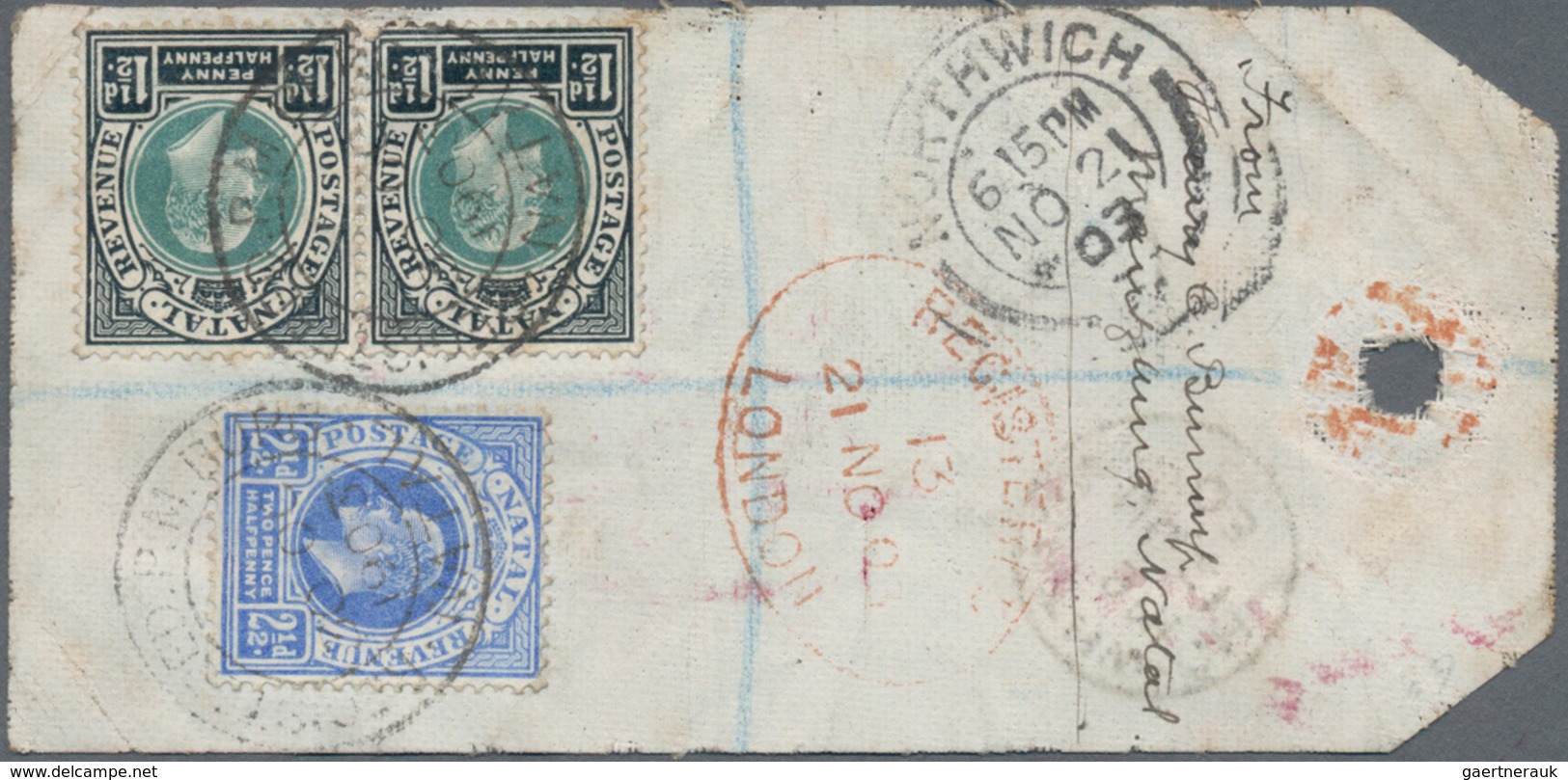 Natal: 1903. Registered Parcel Tag Addressed To England Bearing Natal SG 129, 1½d Black And Green (p - Natal (1857-1909)