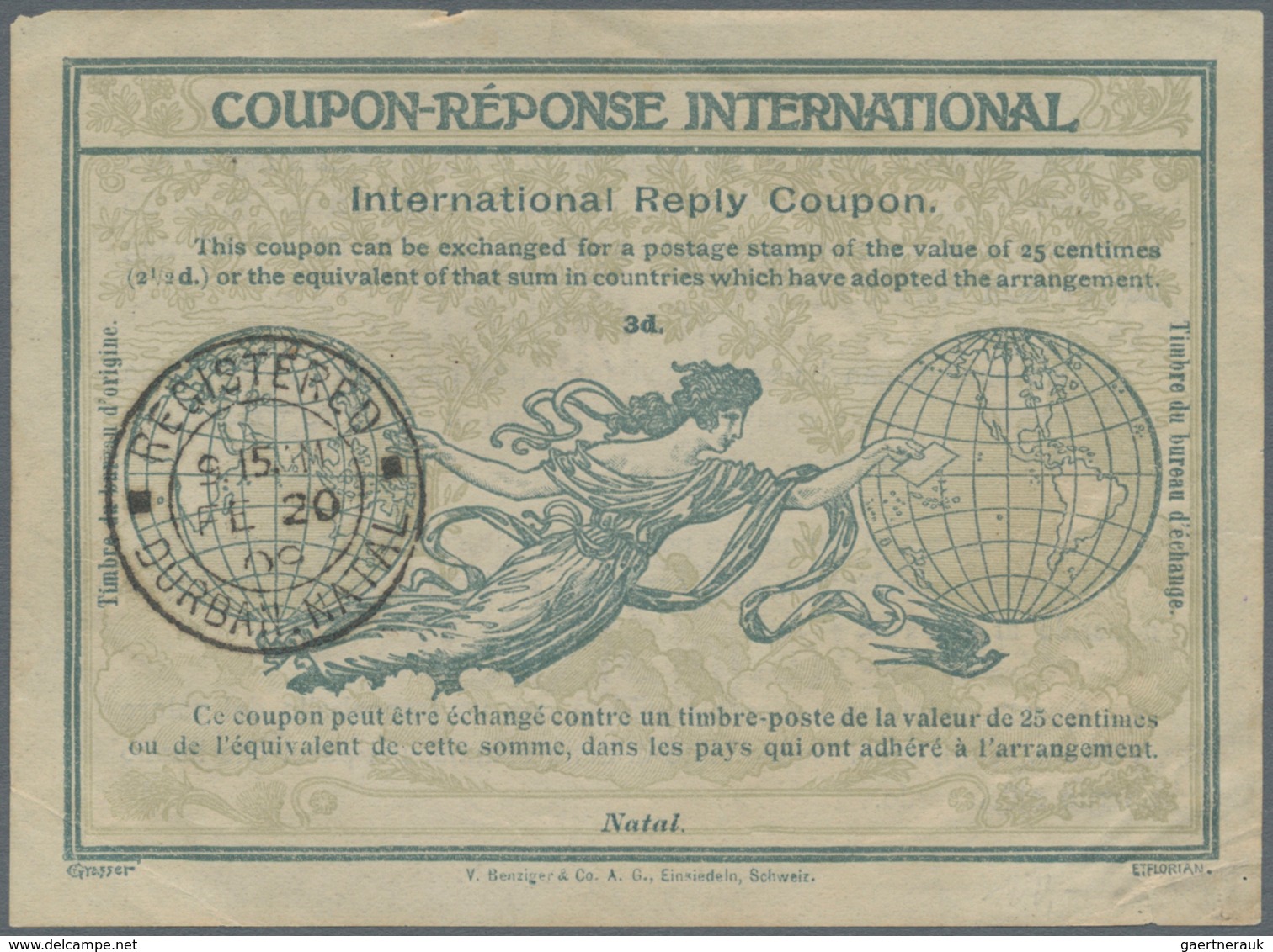 Natal: 1909, International Reply Coupon 'ROME' (type RO2) Used With Issuing Cds. 'REGISTERED DURBAN. - Natal (1857-1909)