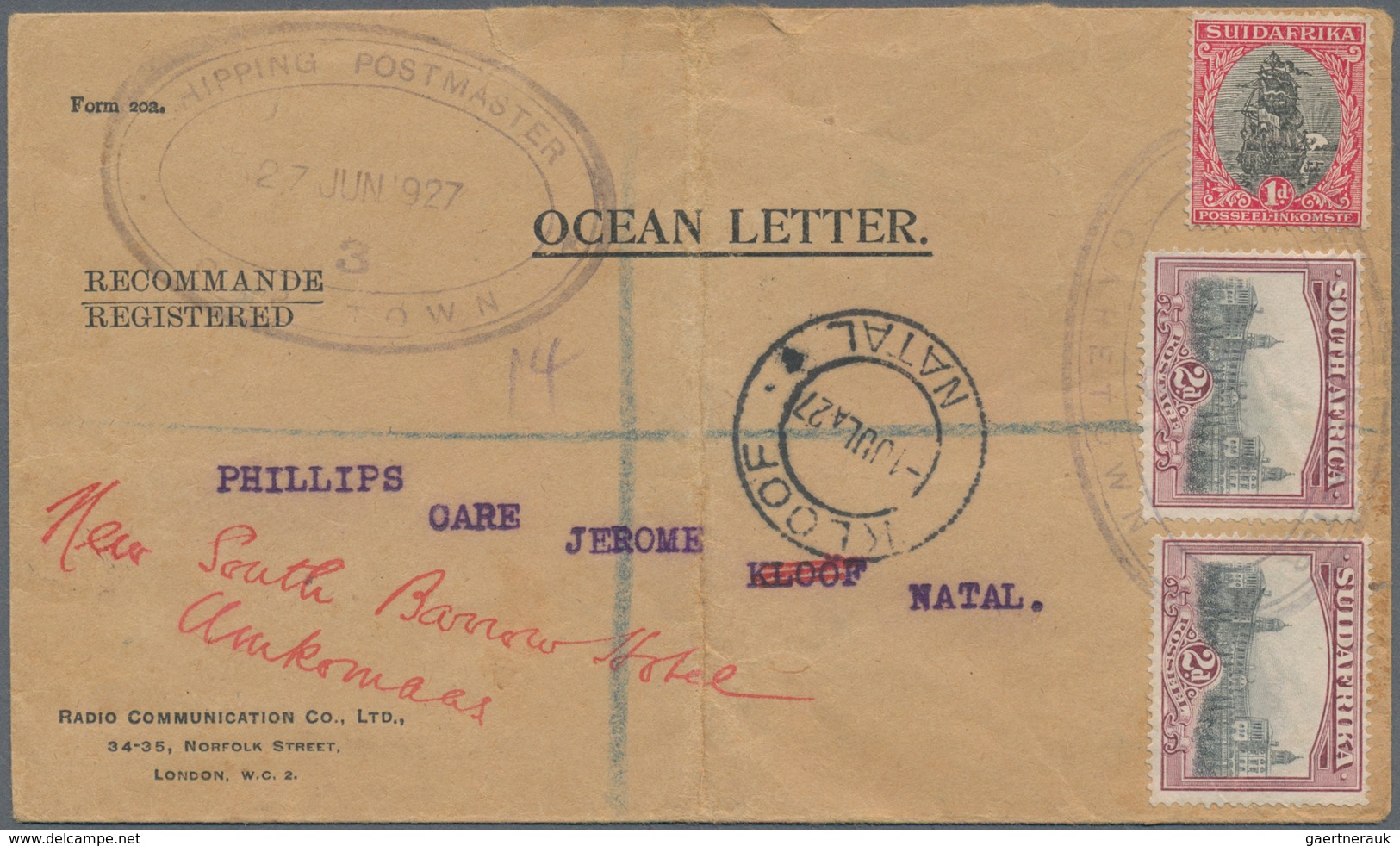 Südafrika: 1927, Special Cover "OCEAN LETTER" (fold) With Rare Cancellation "SHIPPING POSTMASTER CAP - Andere & Zonder Classificatie