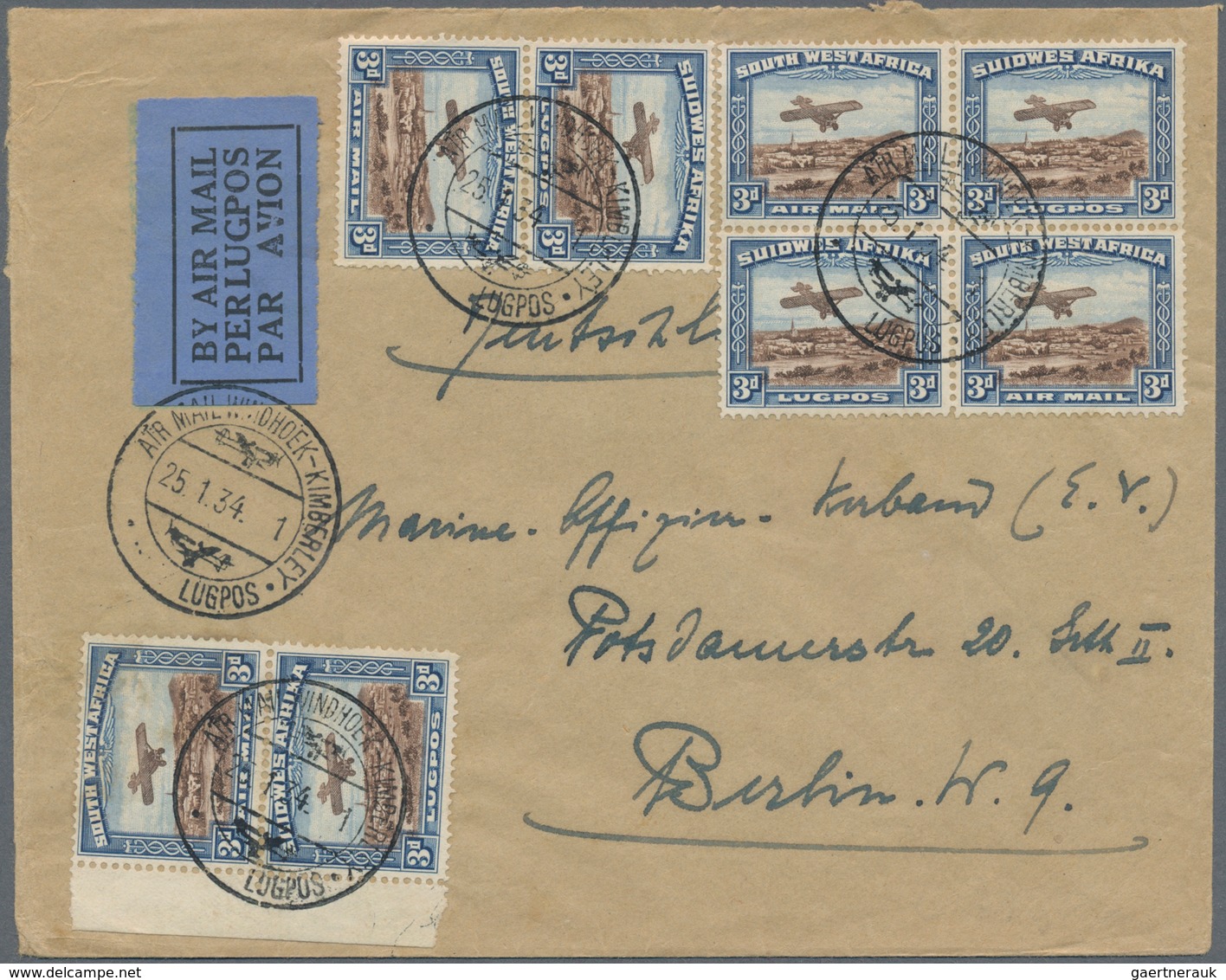 Südwestafrika: 1921, Airmail 3d. Brown/blue, Eight Copies (=four Name Pairs) On Airmail Cover "AIR M - South West Africa (1923-1990)