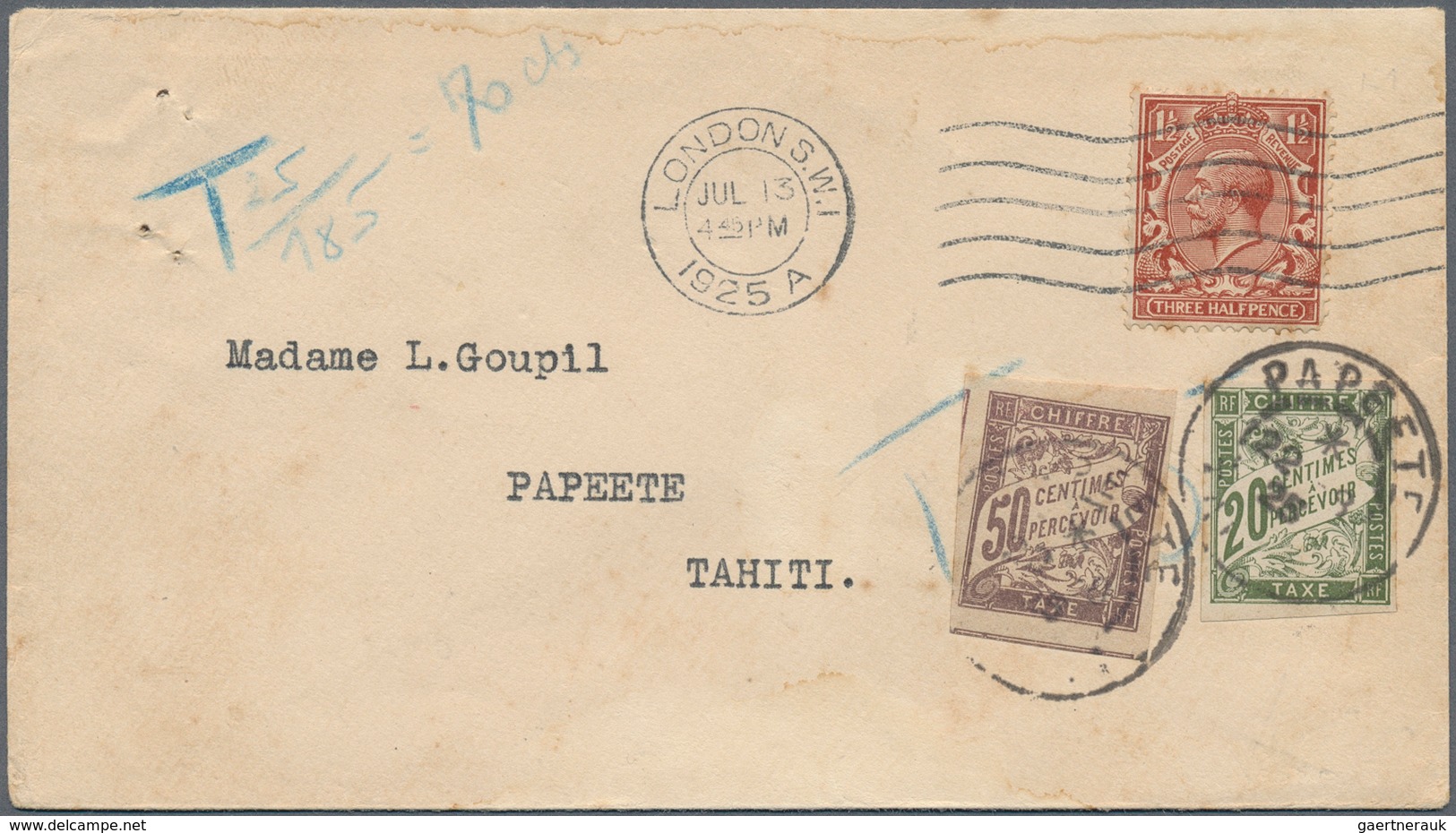 Tahiti: 1925. Envelope (small Stains) Addressed To Papeete, Tahiti Bearing Great Britain SG 420, 1½d - Tahití