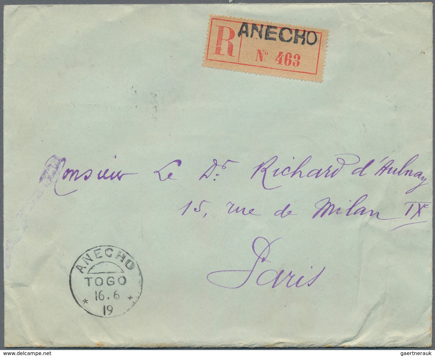 Togo: 1919 Registered Letter With Provisional Label From Anecho Via Grand-Popo With Charge Cancel To - Togo (1960-...)