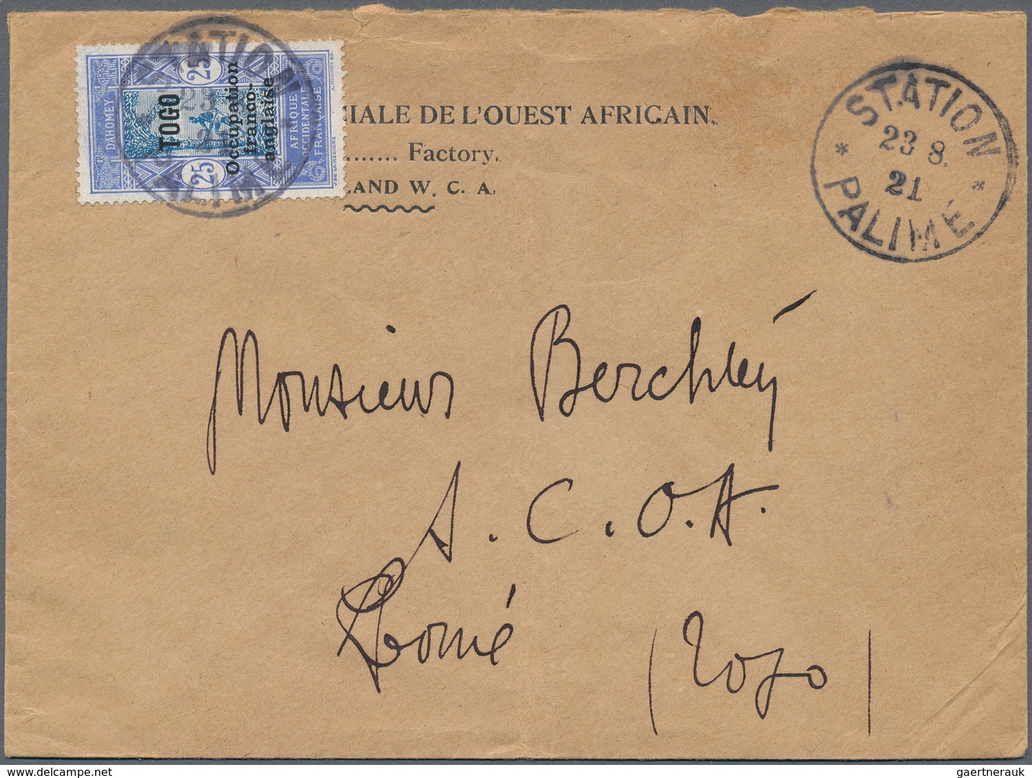 Togo: 1921. Envelope To Lome Bearing French Occupation Yvert 91, 25c Blue Tied By Station Palime Dat - Togo (1960-...)