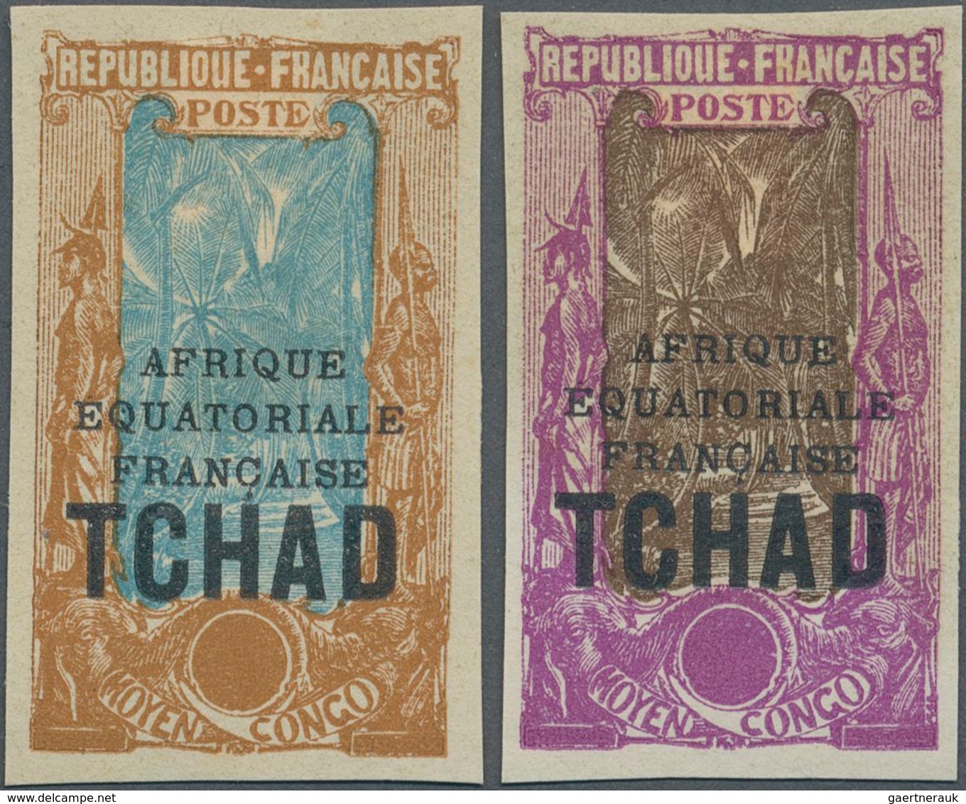 Tschad: 1924/1928, AEF Overprints, Design "Coconut Palms", Two Imperforate Proofs In Colours "bistre - Tsjaad (1960-...)
