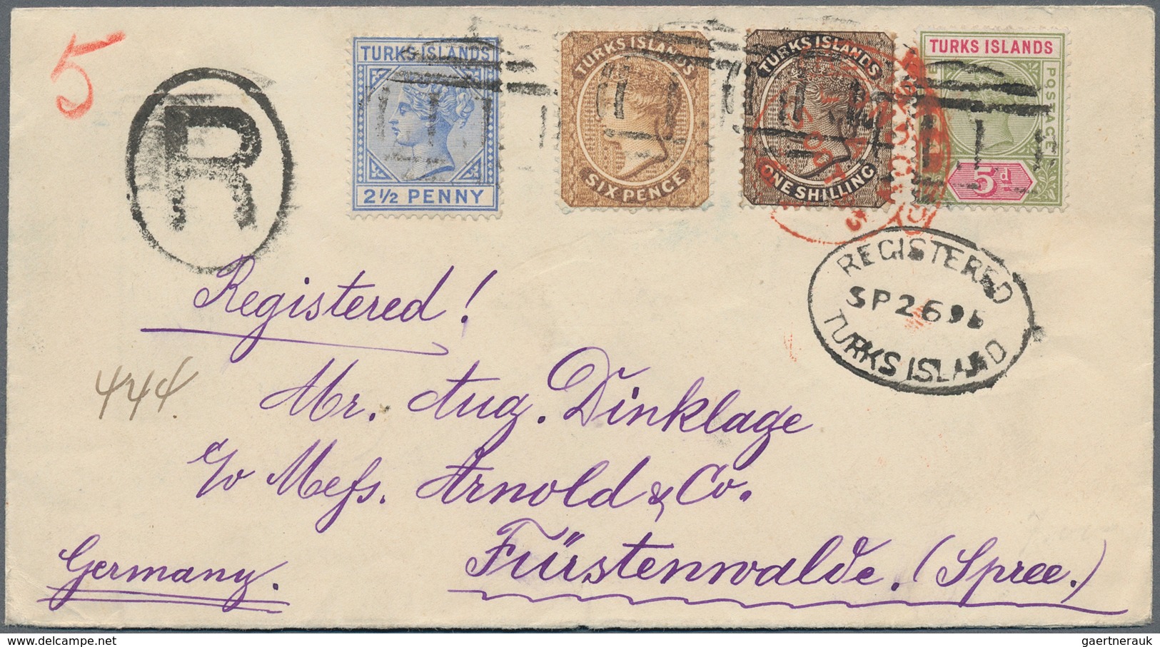 Turks- Und Caicos-Inseln: 1895, Registered Letter To Germany Bearing An Attractive Four-colour-frank - Turks And Caicos