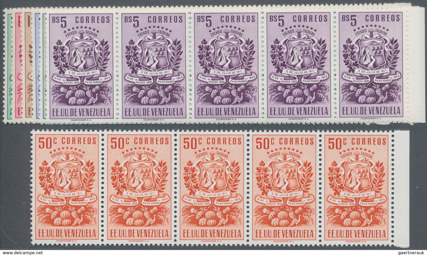 Venezuela: 1951, Coat Of Arms ‚TACHIRA‘ Normal Stamps Complete Set Of Seven In Horizontal Strips Of - Venezuela