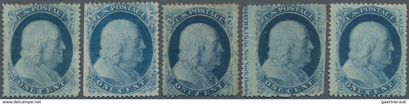 Vereinigte Staaten Von Amerika: 1857, 1c. Blue Five Mint Stamps Showing Types And Color Shades, Few - Autres & Non Classés