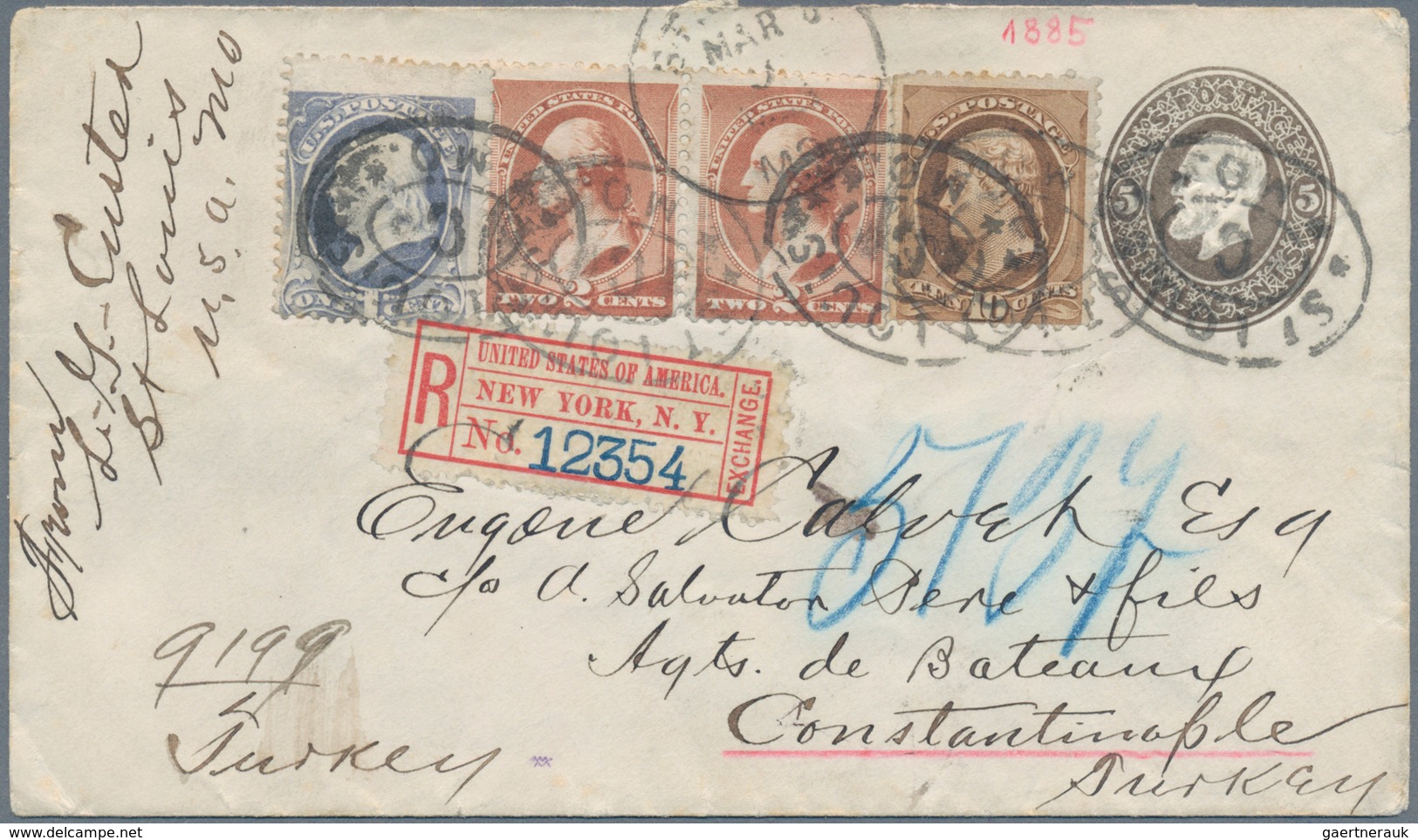 Vereinigte Staaten Von Amerika: 1885, 5 Cent Stationery Envelope With Additional Franking Sent Regis - Autres & Non Classés