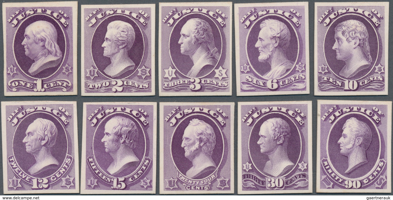 Vereinigte Staaten Von Amerika - Dienstmarken: 1873, JUSTICE, Complete Set Of Ten Imperf PROOFS On C - Officials